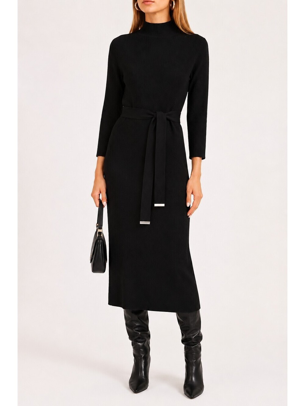 Black Long Sleeve Midi Knit Dress with Waist Tie